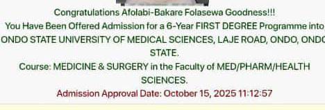 Afolabi-Bakare Folasewa — admission approval into Medicine & Surgery