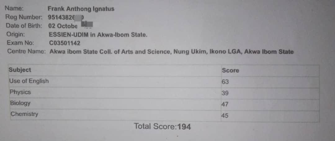 Anthony Frank's UTME result before CHAMP — 194 aggregate