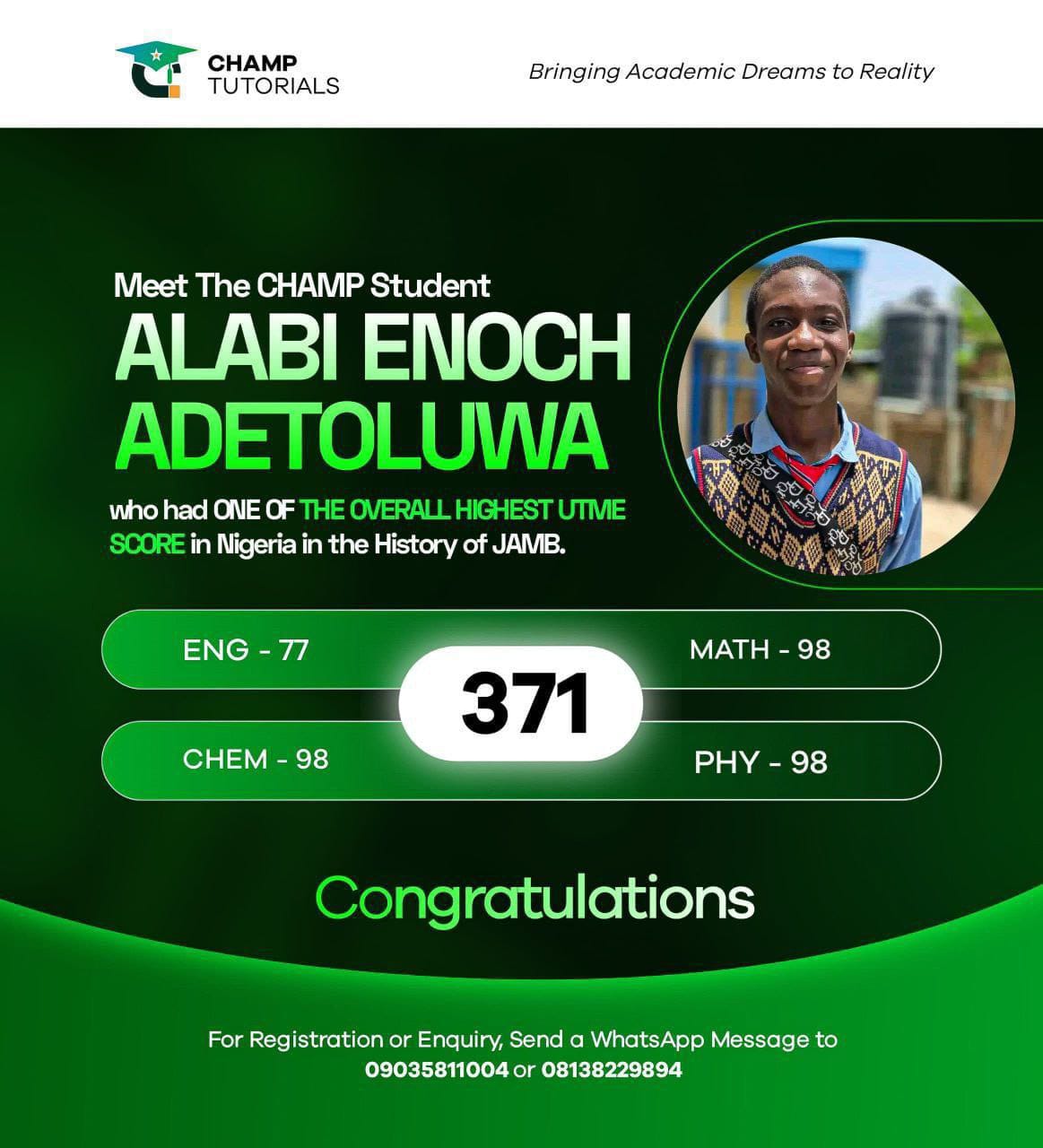 Alabi Enoch - 371/400 UTME Score